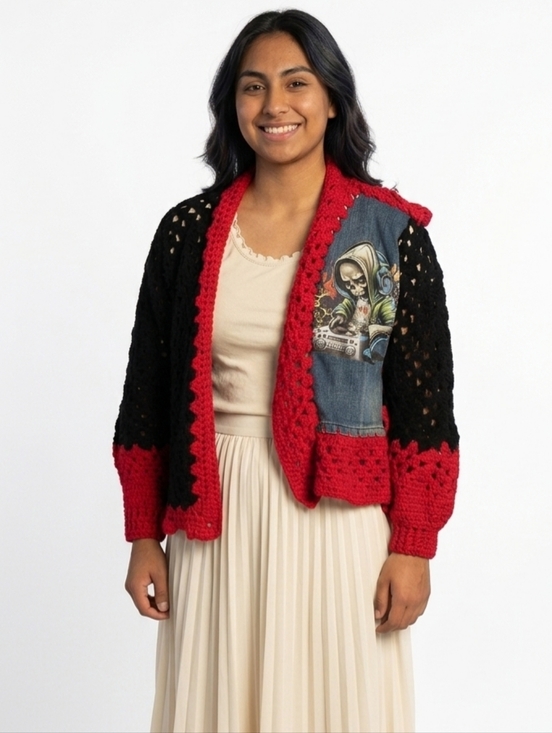 Upcycled Sweaters - Women Granny Square Punk Cardigan Skull DJ Upcycled Denim Crochet Jacket Boho